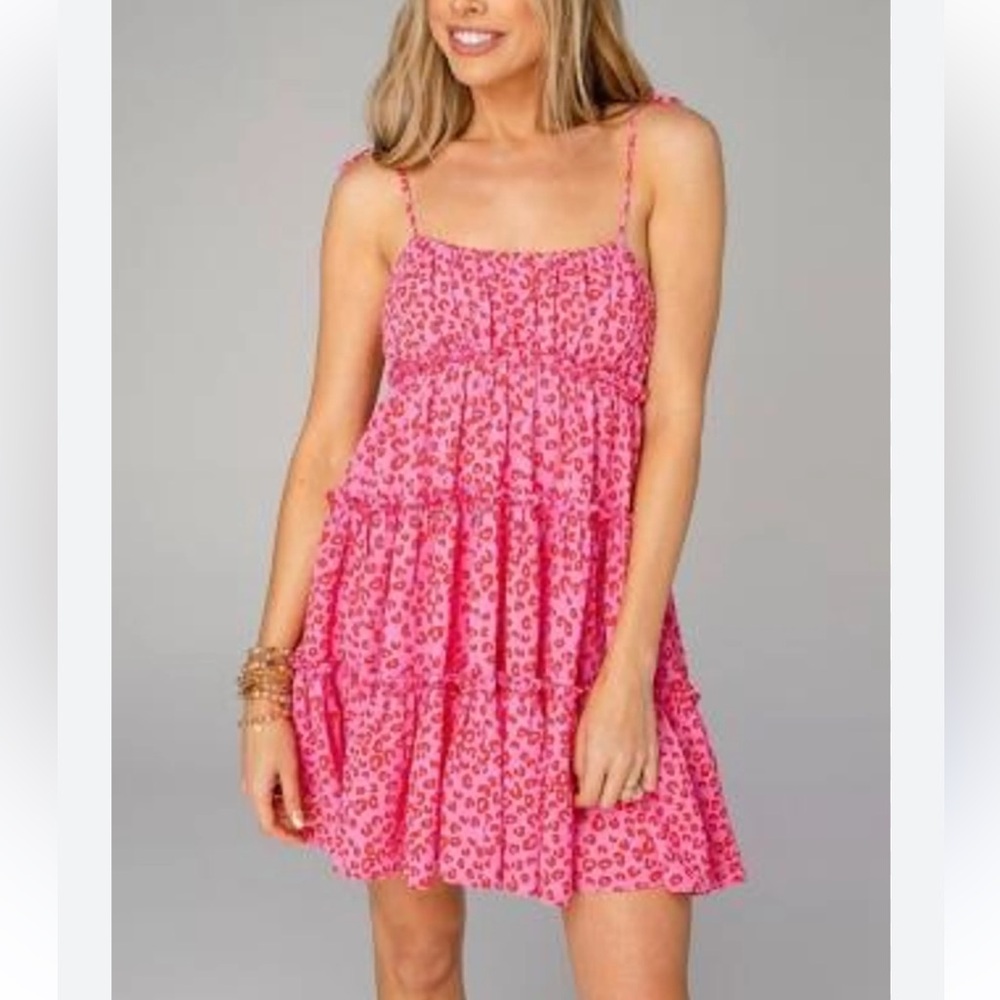 Pink Leopard Print Tiered Mini Dress size Medium